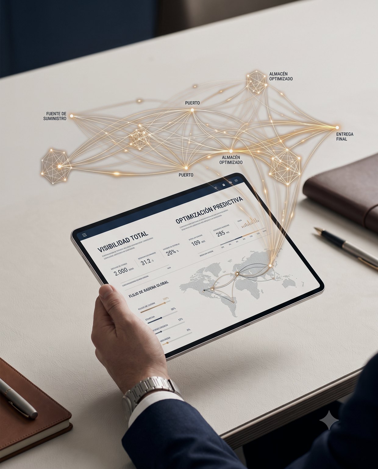 Tablet mostrando un panel de visibilidad total y optimización predictiva de la cadena de suministro